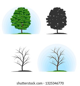 Set of beautiful stylized trees. Tree with foliage. Bare tree trunk. Silhouettes of trees. Blue sky. Green grass.