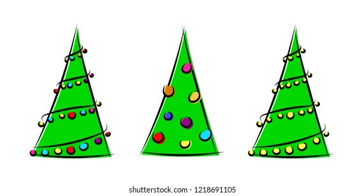 Set of beautiful stylized vector Christmas trees with xmas decoration of colorful garlands and balls