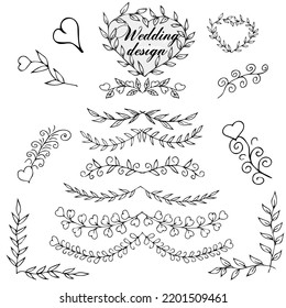 Set, beautiful stylized wedding, festive design for decoration of holiday invitations, cards, dividers, floral tender branches. Modern beautiful templates. Original hand drawing.Isolated on background