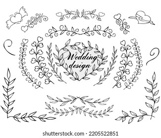 Set, beautiful stylized wedding, festive design for decoration of holiday invitations, cards, dividers, floral tender branches. Modern templates. Original hand drawing. Isolated on background.