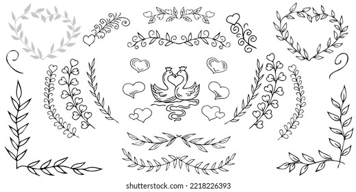 Set, beautiful stylized wedding, festive design for holiday invitations, cards, dividers, floral tender branches. Modern beautiful templates. Original hand drawing. Isolated on background