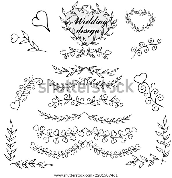 Set, beautiful stylized wedding, festive\
design for decoration of holiday invitations, cards, dividers,\
floral tender branches. Modern beautiful templates. Original hand\
drawing.Isolated on\
background