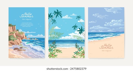 Conjunto de Plantilla de diseño de fondo de balneario de playa de verano hermoso para póster, volante, Anuncio de Web, cubierta, folletos y tarjeta de felicitación. Paisaje tropical. Ilustración vectorial