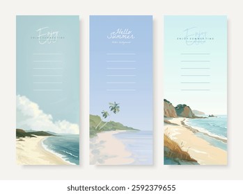 Set of beautiful summer beach sea resort vertical background design template for poster, flyer, web banner, cover, booklets and greeting card. Tropical landscape vector illustration
