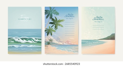 Conjunto de belo modelo de design de fundo do resort de praia de verão para cartaz, folheto, banner web, capa, livretos e cartão de saudação. Paisagem tropical. Ilustração vetorial