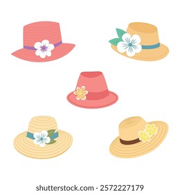 Set of Beautiful Summer Beach Woman Hat Headgear Fashion with Flower Decoration