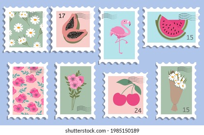 Set of beautiful summer post stamps. Fun postage stamp vector designs for using on envelopes. Mail and post office concept.