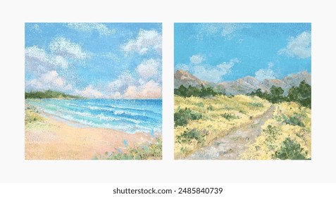 Set of beautiful summer tropical beach sea resort, field and forest background design template for poster, flyer, web banner, cover, booklets and greeting card. Vector illustration