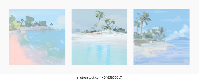 Set of beautiful summer tropical beach sea resort landscape background design template for poster, flyer, web banner, cover, booklets and greeting card. Vector illustration