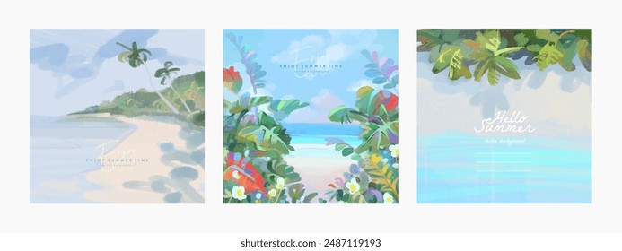 Set of beautiful summer tropical beach sea resort square landscape background design template for poster, flyer, web banner, cover, brochure, greeting card. Vector illustration