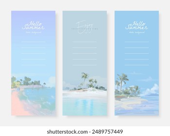 Conjunto de hermosa playa tropical de verano resort de mar Vertical paisaje de fondo Plantilla de diseño para póster, volante, Anuncio de Web, cubierta, folletos y tarjeta de felicitación. Ilustración vectorial