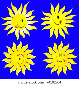 Set beautiful suns isolated on blue. Vector illustration.