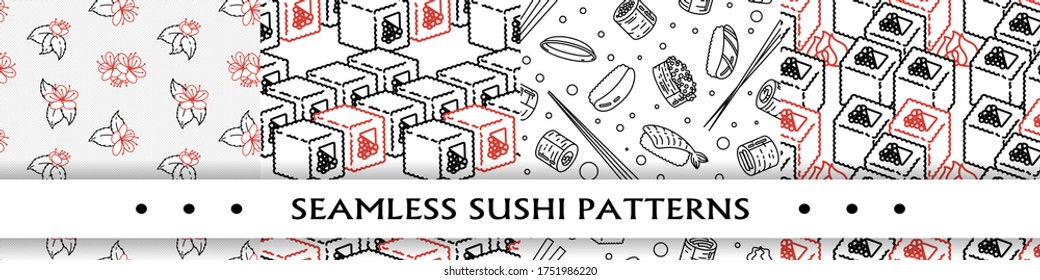 Set of beautiful sushi seamless patterns. Rolls with fish, chopsticks, ginger and soy sauce. Delicious food vector ornaments for restaurant and bar menu, booklets or prints