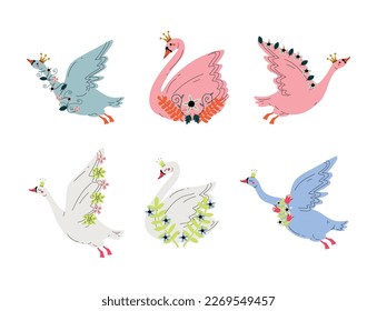 Conjunto de hermosas princesas cisne con corona dorada y flores ilustración vectorial de dibujos animados