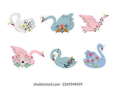 Set of beautiful swan princesses with white, pink and blue plumage, golden crown and flowers cartoon vector illustration