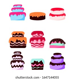 Set of beautiful sweet, juicy and tasty cakes. Chocolate cakes, icing cakes or pastries. Illustration of cakes for bakeries, signage and banners. Vector illustration on a white background.