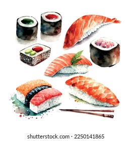 conjunto de hermosos y sabrosos sushis japoneses mariscos - acuarela objetos dibujados a mano aislados en fondo blanco - ilustración vectorial