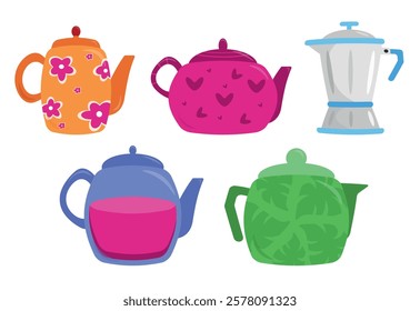 Set of beautiful teapots, coffee maker in cartoon style. Vector illustration colorful teapots, coffee maker with different patterns: flowers, hearts, plants, stripes isolated on white background.