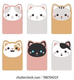 Set of beautiful template card for greeting, decoration, congratulation, invitation. Cards decorated cat faces.