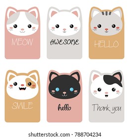 Set Of Beautiful Template Card For Greeting, Decoration, Congratulation, Invitation. Cards Decorated Cat Faces.