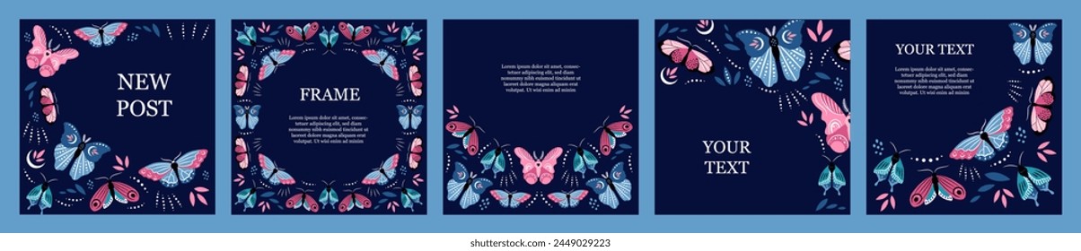 Conjunto de hermosos marcos de Plantilla con mariposas para redes sociales, tarjetas de felicitación, invitaciones. Lugar para el texto.