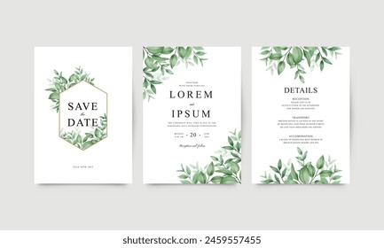 Set of beautiful template wedding invitations with watercolor leaves