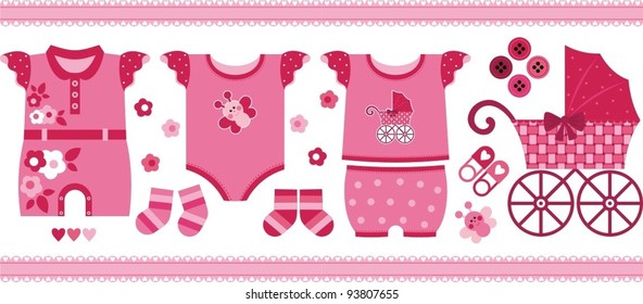 A set of beautiful things for the newborn girl. Vector Image