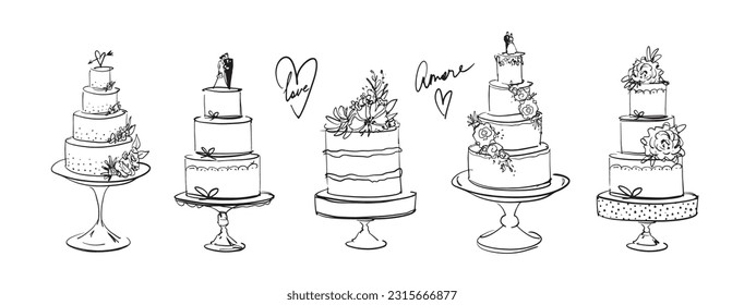 Juego de hermosos pasteles de boda escalonados, boceto de moda, dibujo a mano alzada, icono de línea. Colección vectorial de pasteles para una pastelería, logo aislado sobre un fondo blanco.