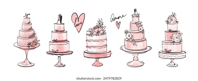 Set of beautiful tiered wedding cakes, trendy sketch, freehand drawing, pink watercolor and line. Vector collection of cakes for a pastry shop, isolated logo on a white background.