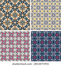 Set of beautiful tiled seamless patterns. Overlapping art forms, stripes, polygons, segments are grouped and arranged in a certain order. Vector. 
