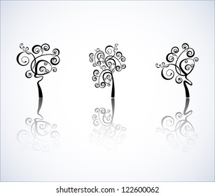 Set beautiful trees, black silhouette isolated on a white background with shadow