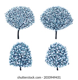 Arboles hermosos de colores azules aislados en un fondo blanco.