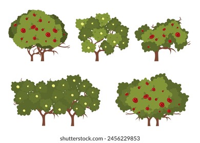 Set of beautiful trees with roses in cartoon style. Vector illustration of landscape elements: green trees with lush crowns, branches, trunks, red and white roses isolated on white background.