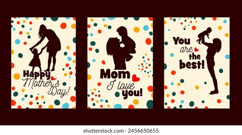 A set of beautiful trendy cards for Mother's Day. I love you. Greeting Card. Not AI. Vector illustration.