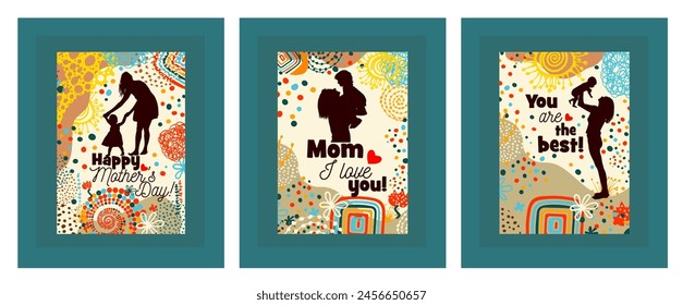 A set of beautiful trendy cards for Mother's Day. I love you. Greeting Card. Not AI. Vector illustration.