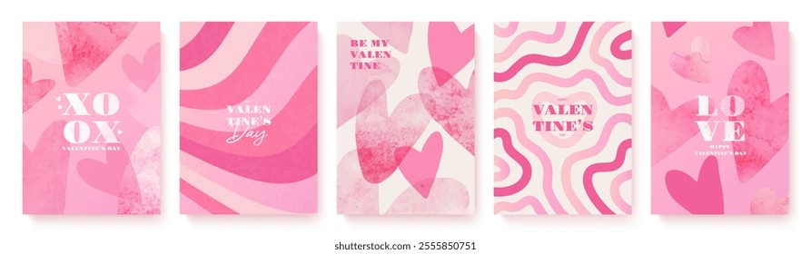 Set of beautiful trendy Valentine's day cards. Watercolor hearts. Romantic design templates for February 14 or wedding invitations. Elegant vector illustrations