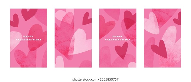 Set of beautiful trendy Valentine's day cards. Watercolor hearts. Romantic design templates for February 14 or wedding invitations. Elegant vector illustrations.