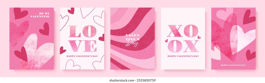 Set of beautiful trendy Valentine's day cards. Watercolor hearts. Romantic design templates for February 14 or wedding invitations. Elegant vector illustrations