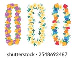 Set of beautiful tropical flower necklaces in cartoon style. Vector illustration of traditional bright necklaces of plumeria, hibiscus, green leaves isolated on white background. Hawaiian jewelry.