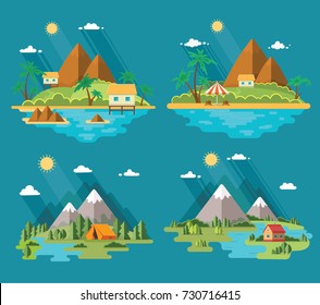Set of beautiful tropical and mountain scenery of nature for relaxation. Vector flat illustration for a tour operator.
