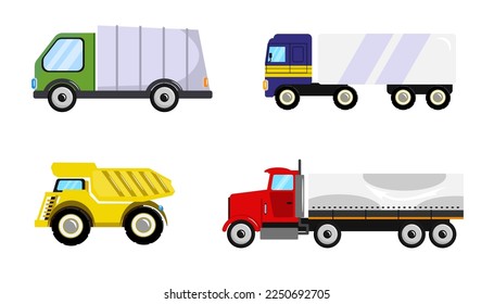 Set of beautiful trucks in cartoon style. Vector illustration of vehicles for the transport of different types of goods such as a dump truck, a garbage truck and a semi-trailer on white background.