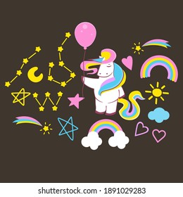 Conjunto de hermosos elementos unicornios sobre fondo oscuro, ilustración vectorial