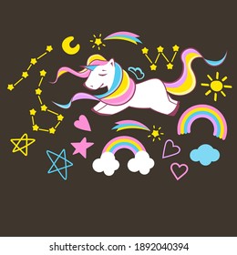 Set of beautiful unicorn elements on dark background, vector eps 10 format