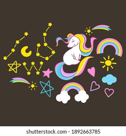 Set of beautiful unicorn elements on dark background, vector eps 10 format