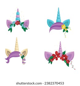 Set von wunderschönen, eineisigen Headbands im Cartoon-Stil. Vektorgrafik verschiedener gefärbter Tiaras von Einhörnern mit Horn und Ohren, Blumen, grünen Blättern, kleinen Beeren und Blumen und Sternen .