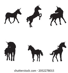 set of beautiful unicorn silhouettes on a white background. Vector, illustration