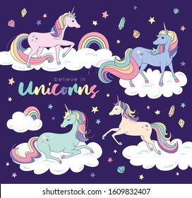 Set of beautiful unicorns on the clouds
