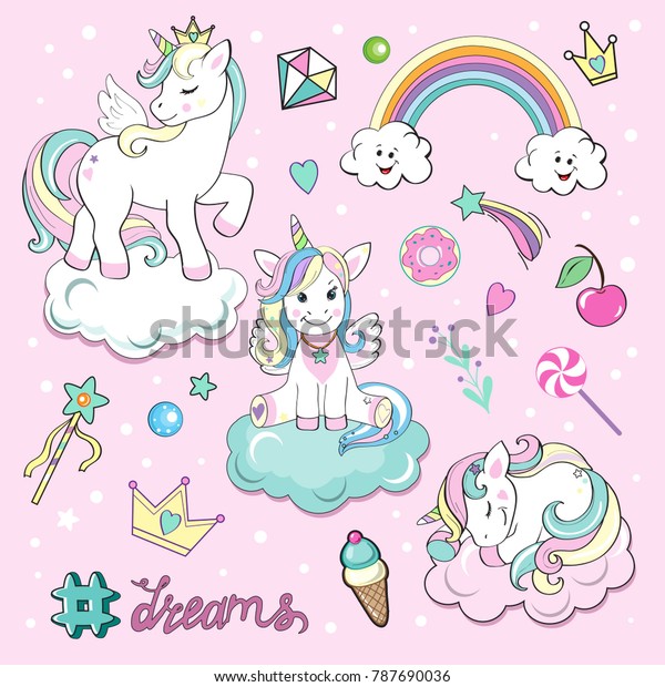 Set of beautiful\
unicorns on the clouds
