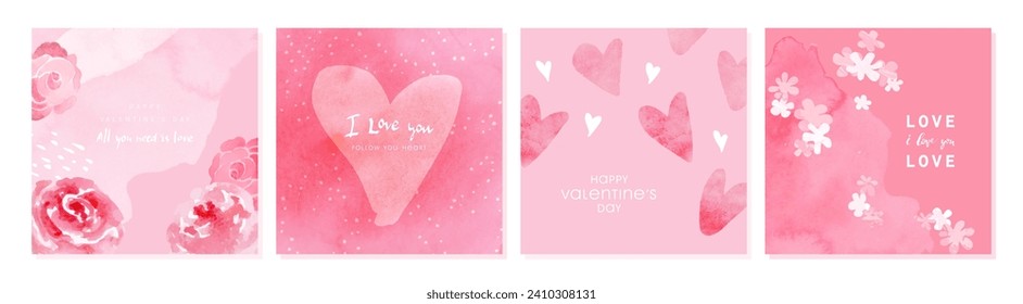 Juego de bellas tarjetas de San Valentín con textura acuarela.Ilustración vectorial para postales, afiches, cupones, material promocional