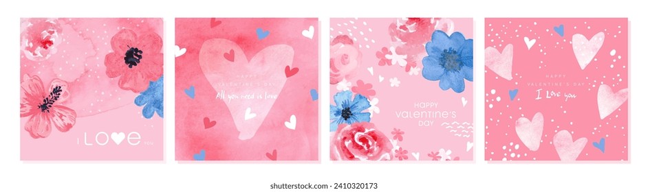 Set of beautiful valentine's day cards with watercolor flowers and hearts.Vector illustration for postcards,posters, coupons, promotional material.